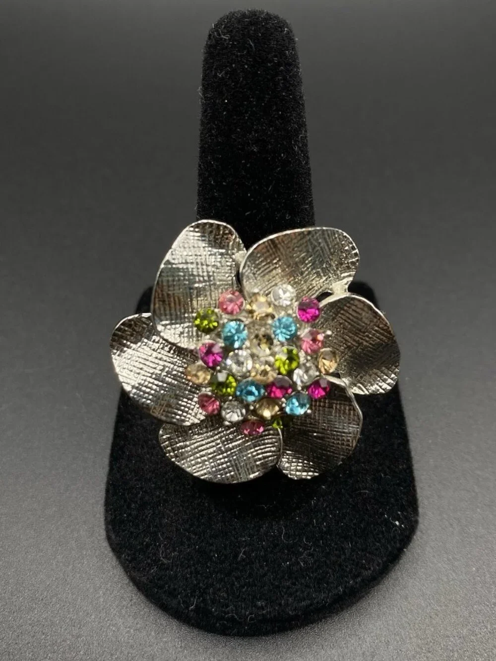 Silver-Tone Statement Ring Flower Multicolored Rhinestone Cocktail Ring Sz 6-8
